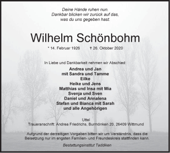 Traueranzeige von Wilhelm Schönbohm von Anzeiger für Harlingerland
