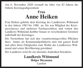 Traueranzeige von Anne Heiken von Anzeiger für Harlingerland
