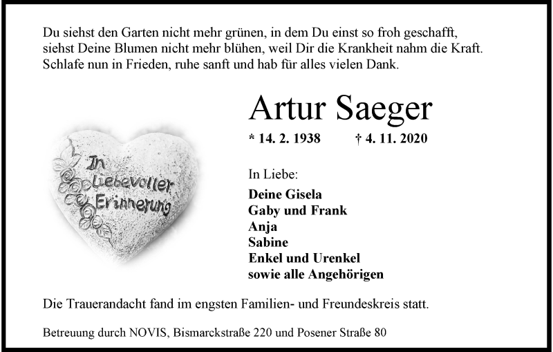  Traueranzeige für Artur Saeger vom 21.11.2020 aus Wilhelmshavener Zeitung