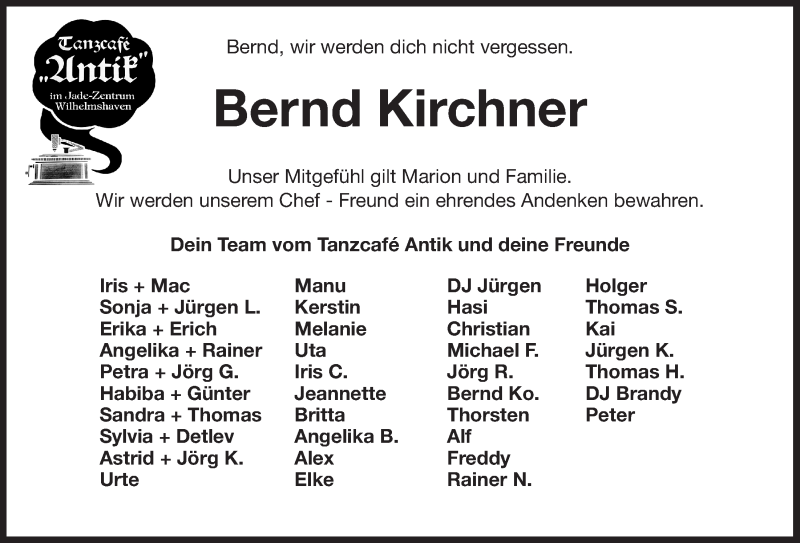  Traueranzeige für Bernd Kirchner vom 14.11.2020 aus Wilhelmshavener Zeitung