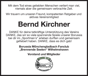 Traueranzeige von Bernd Kirchner von Wilhelmshavener Zeitung