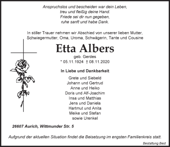 Traueranzeige von Etta Albers von Anzeiger für Harlingerland