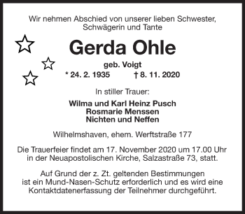 Traueranzeige von Gerda Ohle von Wilhelmshavener Zeitung