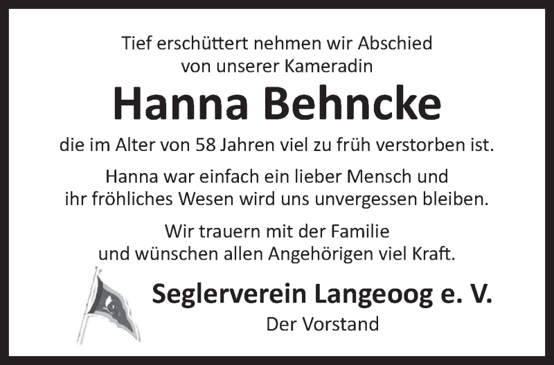  Traueranzeige für Hanna Behncke vom 02.11.2020 aus Anzeiger für Harlingerland