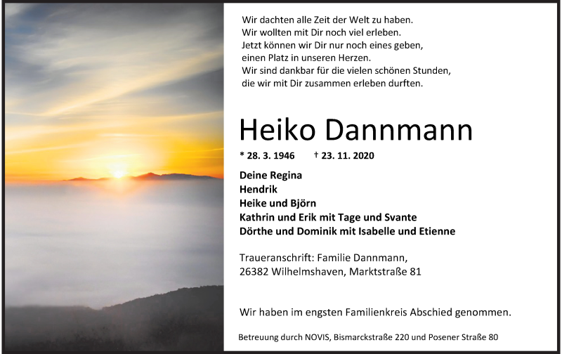  Traueranzeige für Heiko Dannmann vom 28.11.2020 aus Wilhelmshavener Zeitung