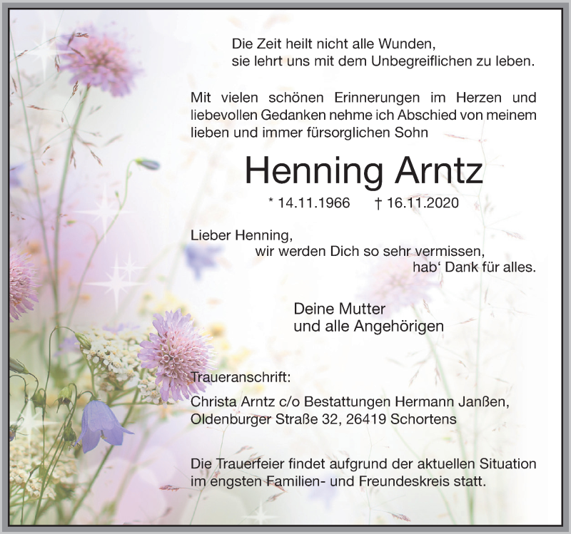  Traueranzeige für Henning Arntz vom 21.11.2020 aus Anzeiger für Harlingerland