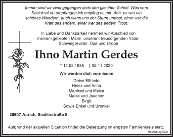 Traueranzeige von Ihno Martin Gerdes von Anzeiger für Harlingerland