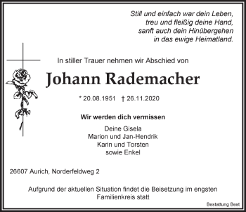 Traueranzeige von Johann Rademacher von Anzeiger für Harlingerland