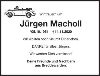Traueranzeige von Jürgen Macholl von Wilhelmshavener Zeitung