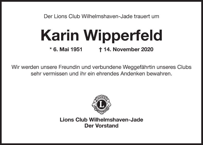  Traueranzeige für Karin Wipperfeld vom 21.11.2020 aus Wilhelmshavener Zeitung