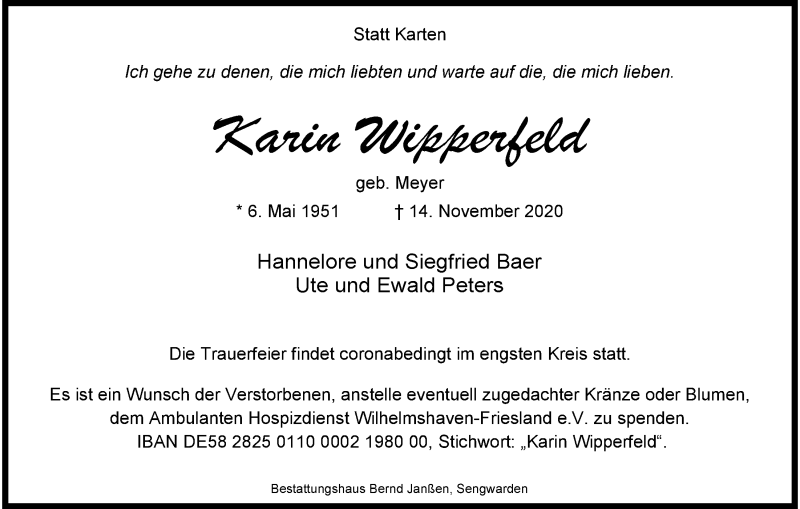  Traueranzeige für Karin Wipperfeld vom 21.11.2020 aus Wilhelmshavener Zeitung