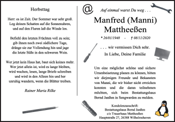 Traueranzeige von Manfred Manni von Wilhelmshavener Zeitung