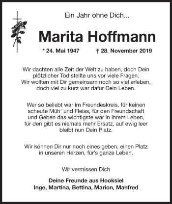 Traueranzeige von Marita Hoffmann von Wilhelmshavener Zeitung