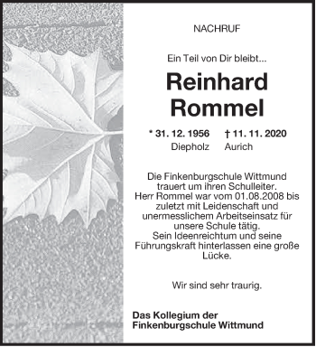 Traueranzeige von Reinhard Rommel von Anzeiger für Harlingerland