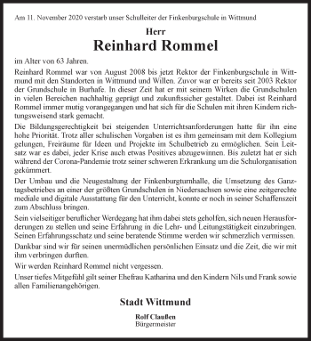 Traueranzeige von Reinhard Rommel von Anzeiger für Harlingerland