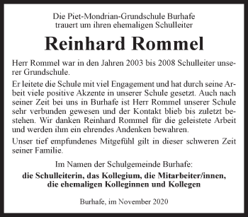 Traueranzeige von Reinhard Rommel von Anzeiger für Harlingerland