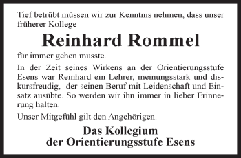 Traueranzeige von Reinhard Rommel von Anzeiger für Harlingerland