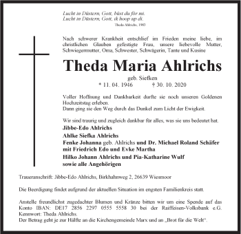 Traueranzeige von Theda Maria Ahlrichs von Anzeiger für Harlingerland