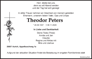 Traueranzeige von Theodor Peters von Anzeiger für Harlingerland