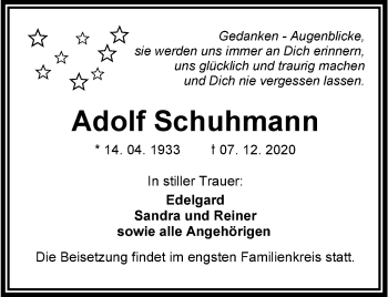 Traueranzeige von Adolf Schuhmann von Wilhelmshavener Zeitung