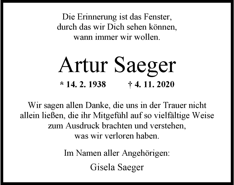  Traueranzeige für Artur Saeger vom 05.12.2020 aus Wilhelmshavener Zeitung