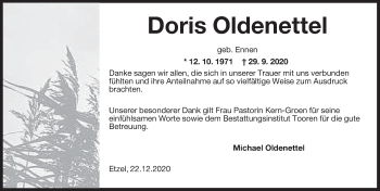 Traueranzeige von Doris Oldenettel von Anzeiger für Harlingerland