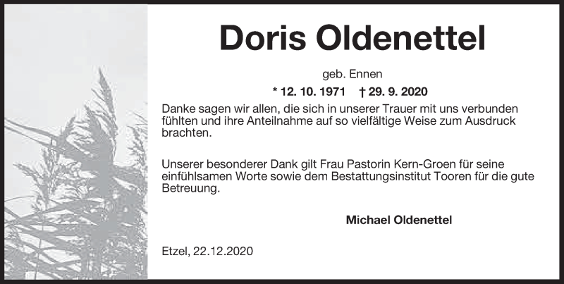  Traueranzeige für Doris Oldenettel vom 28.12.2020 aus Anzeiger für Harlingerland