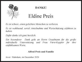 Traueranzeige von Eldine Preis von Anzeiger für Harlingerland