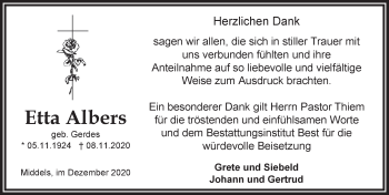 Traueranzeige von Etta Albers von Anzeiger für Harlingerland