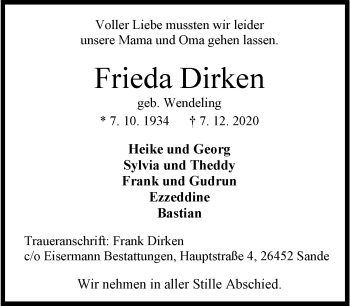 Traueranzeige von Frieda Dirken von Wilhelmshavener Zeitung