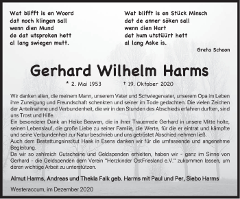 Traueranzeige von Gerhard Wilhelm Harms von Anzeiger für Harlingerland