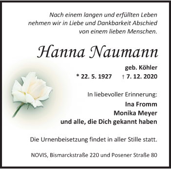 Traueranzeige von Hanna Naumann von Wilhelmshavener Zeitung
