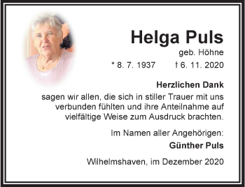 Traueranzeige von Helga Puls von Wilhelmshavener Zeitung