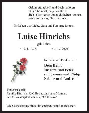 Traueranzeige von Luise Hinrichs von Anzeiger für Harlingerland