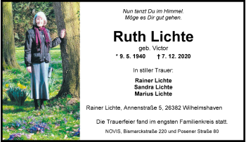 Traueranzeige von Ruth Lichte von Wilhelmshavener Zeitung