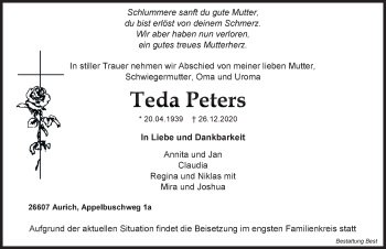 Traueranzeige von Teda Peters von Anzeiger für Harlingerland