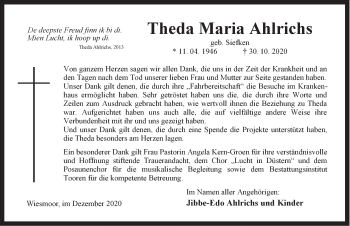 Traueranzeige von Theda Maria Ahlrichs von Anzeiger für Harlingerland