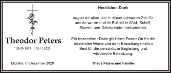 Traueranzeige von Theodor Peters von Anzeiger für Harlingerland