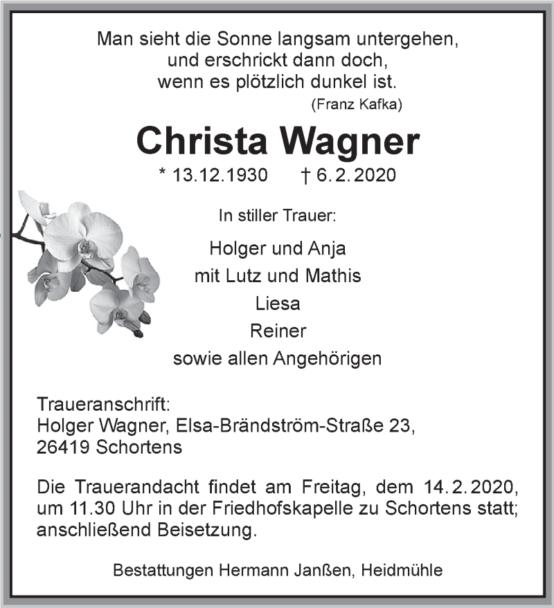 Traueranzeigen von Christa Wagner | nordwest-trauer.de