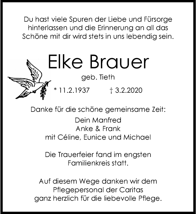  Traueranzeige für Elke Brauer vom 08.02.2020 aus Wilhelmshavener Zeitung