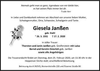 Traueranzeige von Giesela Janßen von Wilhelmshavener Zeitung