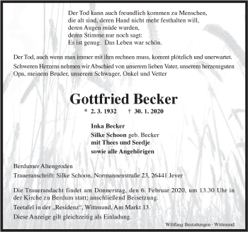 Traueranzeige von Gottfried Becker von Rhein-Zeitung