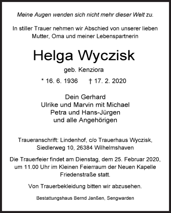 Traueranzeige von Helga Wyczisk von Wilhelmshavener Zeitung