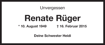 Traueranzeige von Renate Rüger von Wilhelmshavener Zeitung