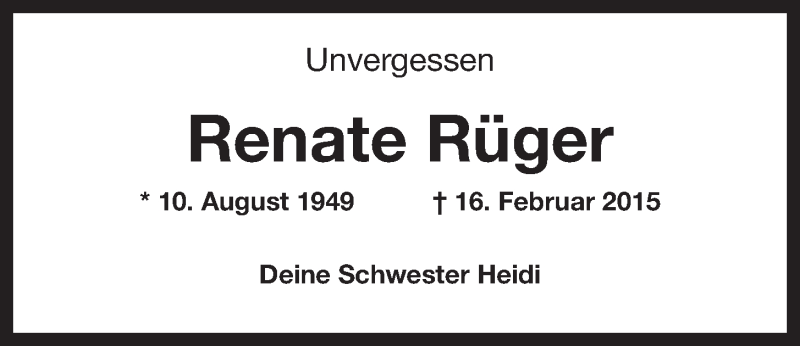  Traueranzeige für Renate Rüger vom 15.02.2020 aus Wilhelmshavener Zeitung