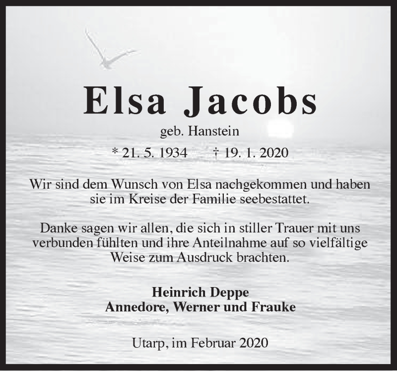 Traueranzeigen Von Elsa Jacobs Nordwest Trauerde 