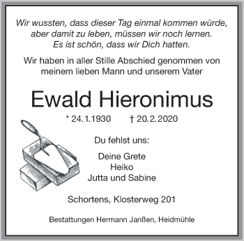 Traueranzeige von Ewald Hieronimus von Anzeiger für Harlingerland