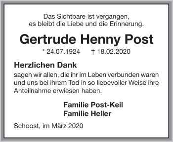 Traueranzeige von Gertrude Henny Post von Harlingerland/Jeversches Wochenblatt