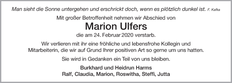  Traueranzeige für Marion Ulfers vom 29.02.2020 aus Anzeiger für Harlingerland