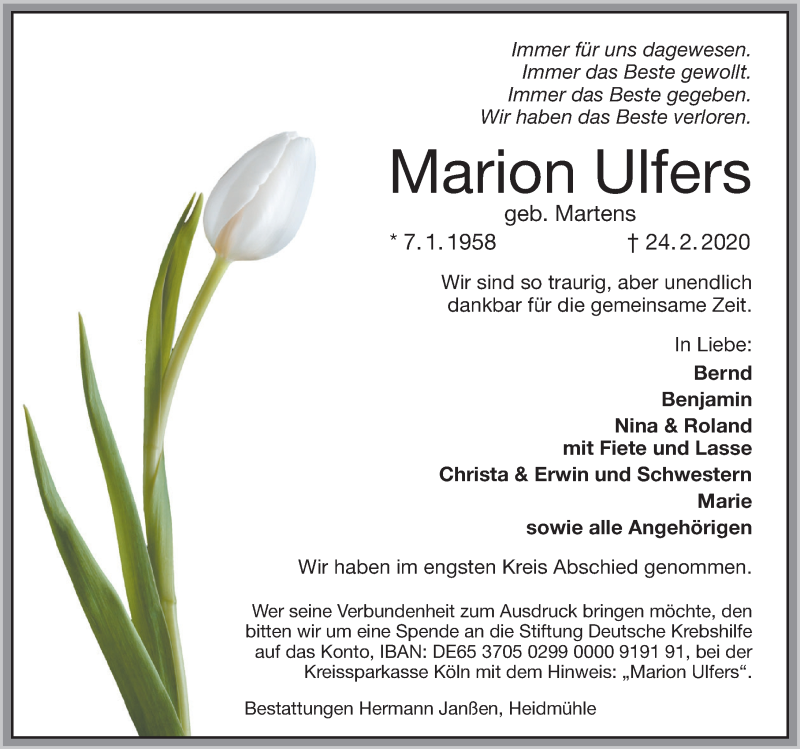  Traueranzeige für Marion Ulfers vom 29.02.2020 aus Anzeiger für Harlingerland